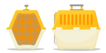 Plastic Portable Cage for Pet Animals, Carrier for Dogs and Cats Cartoon Style Vector Illustration on White Background. Vector illustrationのイラスト素材