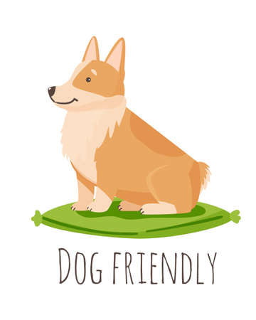 Cute corgi on the pillow. With Dog friendly logo. Logo for banners, flyers, postcards, signs for cafes, restaurants and hotels. Vector illustrationのイラスト素材