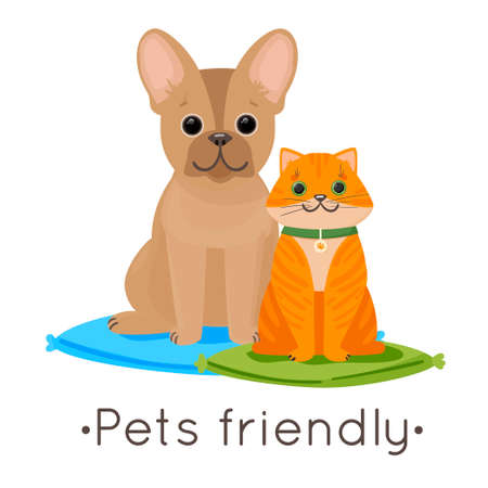 Cute french bulldog and ginger cat on pillows. With Pets friendly logo. Logo for banners, leaflets, postcards, signs for cafes, veterinary clinics, restaurants and hotels.のイラスト素材