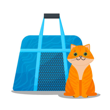The ginger cat sits next to the carrier. Textile animal carrier bag. Traveling with pets, visiting a veterinarian. Vector illustration isolated on white background. Vector illustrationのイラスト素材