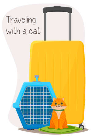 Traveling with pets. Suitcases, backpack and cat carrier. A cat in a carrier . Vector illustration isolated on white background.のイラスト素材