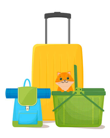 Traveling with pets. Suitcases, backpack and cat carrier. A cat in a carrier . Vector illustration isolated on white background.のイラスト素材