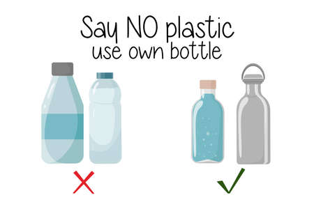 Reusable versus plastic bottles. No waste, environmental protection through the use of natural, environmentally friendly materials. Dont say plastic. Use your bottle. Vector illustrationのイラスト素材
