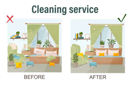Cleaning the house concept. Before and after view on the room. Template for cleaning services. Isolated vector illustration in cartoon style. Vector illustrationの写真素材