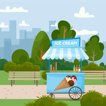 Fast food street Ice cream cart. Food in the park in nature. Fast food business seller kiosk. Ice cream fast food shop street truck city . For design, web, graphics and advertising.のイラスト素材