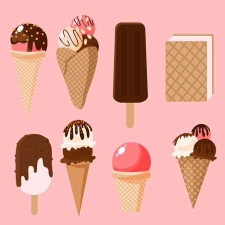 Collection of various multicolored ice cream.

cones, decoration and colors. Summer Illustration Sweet Fast Food. For design, web, graphics. Vector illustration isolated. Vector illustrationのイラスト素材