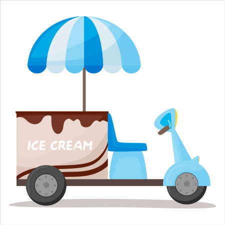 Colorful vector of mobile ice cream cart. Street kiosk, ice cream kiosk isolated cartoon object on white background. Booth selling delicious summer desserts.のイラスト素材