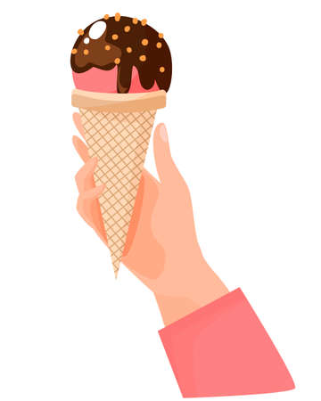 Hand holding ice cream in a waffle cone. For design, web, graphics. Cartoon flat style. Vector illustration isolated on white background.のイラスト素材
