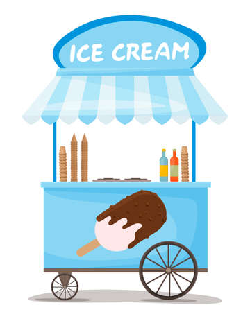 Colorful vector ice cream cart with ice cream cone on the roof. Street kiosk, icecream vending booth isolated cartoon object on white background. Stand selling delicious summer dessert sale.のイラスト素材