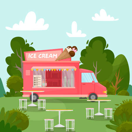 Vector illustration of an ice cream van in the park. Roof cone. For design, web, graphics. Ice cream truck. Mobile store. flat style. tables and chairs for relaxing and eating in nature.のイラスト素材