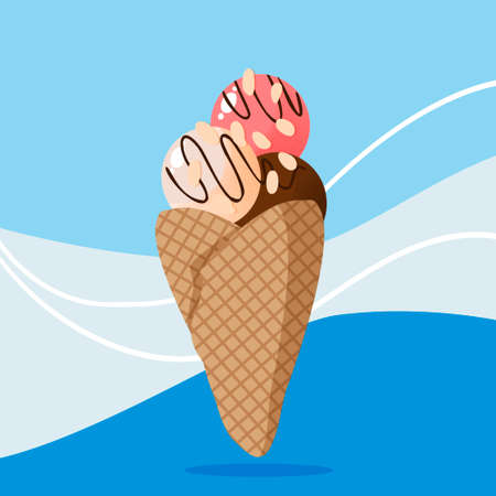 Strawberry ice cream in a cone, chocolate sauce and nuts. For design, web, graphics. Cartoon flat style. Vector illustration on a juicy background.のイラスト素材