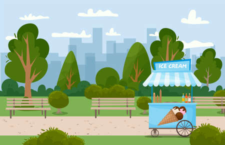 Blue vector ice cream cart with ice cream cone on the roof. Street kiosk, icecream vending booth in the park on nature. Trees, bushes, benches. Booth selling delicious summer desserts.のイラスト素材