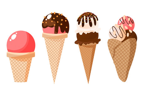 Collection of various multicolored ice cream.
cones, decoration and colors. Summer Illustration Sweet Fast Food. For design, web, graphics. Vector illustration isolated. Vector illustrationのイラスト素材