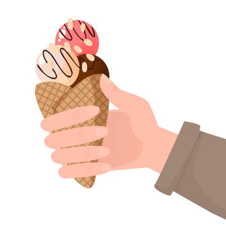 Hand holding ice cream in a waffle cone. For design, web, graphics. Cartoon flat style. Vector illustration isolated on white background.のイラスト素材