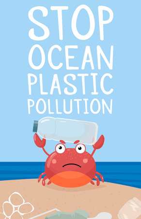 Web Banner Template Stop Ocean Plastic Pollution! Vector flat design. A crab with a sign and a plastic fork in its claws. there is a lot of plastic waste around. Vector illustrationのイラスト素材