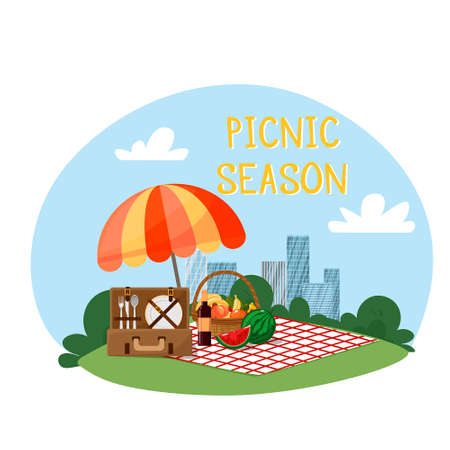 Vector illustration of a park in the city. City landscape in the background. Umbrella, blanket, picnic basket with fruit and baguette, picnic suitcase with utensils and barbeque. Cartoon style.のイラスト素材