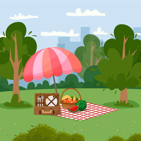 Vector illustration of a park in the city. City landscape in the background. Umbrella, blanket, picnic basket with fruit and baguette, picnic suitcase with utensils. Cartoon style. Vector illustrationのイラスト素材