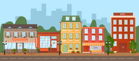 Small cute city landscape in flat design style, vector illustration. Includes small business, buildings, trees, street, shops, behind a large city with skyscrapers. Vector illustrationのイラスト素材