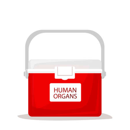 Portable fridge for transporting donor humans organs. Red cooler shipping box. Human organ for transplant and healthcare concept. Flat vector illustration for design of banners, posters, cards, flyersのイラスト素材