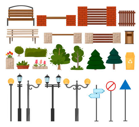 Urban and outdoor elements of the city. Lamp posts, trash cans, trees, flowers, bushes, benches, road signs Vector illustration isolated on white background.のイラスト素材
