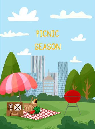Vector illustration of a park in the city. City landscape in the background. Umbrella, blanket, picnic basket with fruit and baguette, picnic suitcase with utensils and barbeque. Cartoon style.のイラスト素材