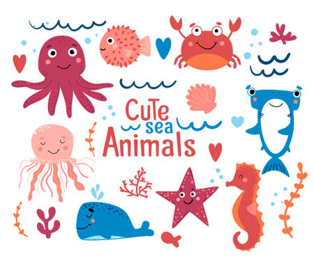 Set of cute sea animals .Crab, shark, whale, fish ball, seahorse, octopus, jellyfish and starfish on white background. Vector illustration.のイラスト素材