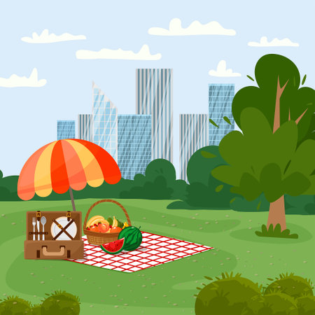Vector illustration of a park in the city. City landscape in the background. Umbrella, blanket, picnic basket with fruit and baguette, picnic suitcase with utensils and barbeque. Cartoon style.のイラスト素材