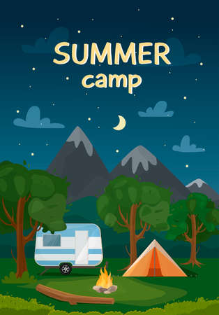 Vertical web banner for summer camp, nature tourism, camping, hiking, trekking, etc. Night landscape illustration with mountains, trees, tent and bonfire in flat style.のイラスト素材