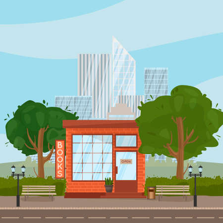 Book Shop. illustration of the exterior facade of a bookstore building. behind the city with skyscrapers, trees, benches, lights. Vector illustration in a flat style.のイラスト素材