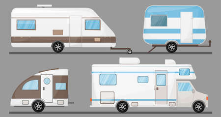 Tourism transport recreational vehicle, mobile home, transportationTravel car icons. Isolated camping trailer, automobile vector illustration .のイラスト素材