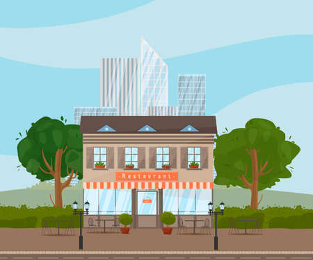 Facade of restaurant building street background city skyscrapers, trees tables for food. cafe bistro dinner coffee shop concept. Vector illustration in flat style.のイラスト素材
