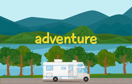 Motorhome caravan camper rides on the road. Landscape with hills, mounains and trees. Summer vacation, camping, travel, trip, hiking, vector cartoon illustration. Travel time. Vector illustrationのイラスト素材