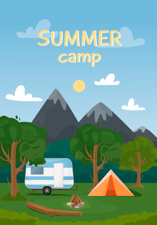 Vertical web banner for summer camp, nature tourism, camping, hiking, trekking, etc. landscape illustration with mountains, trees, tent and bonfire in flat style.のイラスト素材