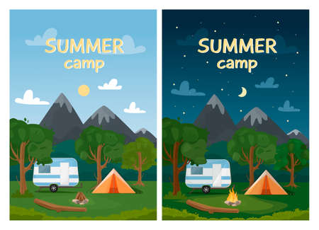 Day and night landscape illustration with mountains, forest, camper, tent and campfire in flat style. Vertical web banner for summer camp, nature tourism, camping, hiking, trekking.のイラスト素材