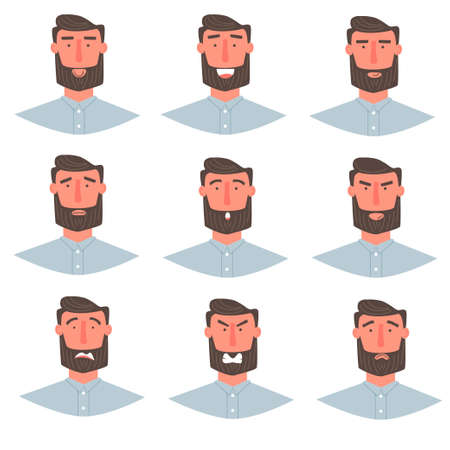Handsome man with beard portrait with different facial expressions set isolated on white background. Young guy smiling, happy, fear, angry, greeting emotions face vector character.のイラスト素材