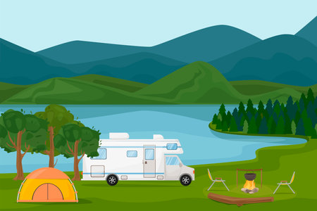 Summer camp . Motorhome caravan motorhome by the fire with a tent, log, boiler, table. Landscape by the lake and mountains. Summer vacation, camping, travel, trip, hiking, vector cartoon illustration