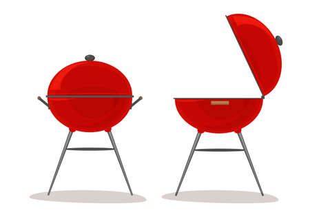 BBQ and grill. Indoor concept for picnic and outdoor cooking. Open barbecue and closed barbecue. Vector illustration isolated on white background.のイラスト素材