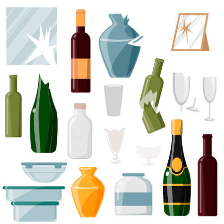 Collection of waste glass on a white background.Bottles, glasses, vases and other rubbish. Glass products. Recyclable glass trash vector illustration.のイラスト素材