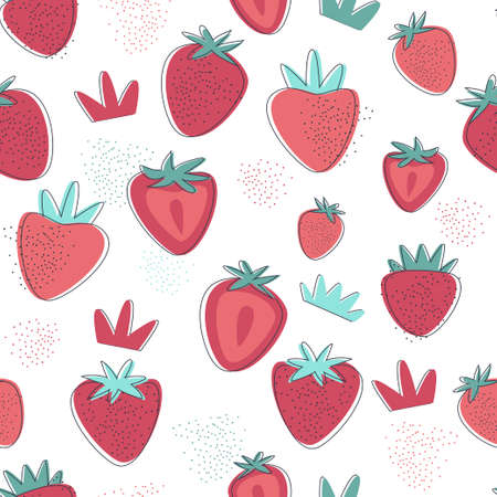 Strawberry pattern. Seamless pattern with elements of strawberry, crown and different dots. Summer pattern for textiles, clothing, packaging and more. Vector flat style.のイラスト素材