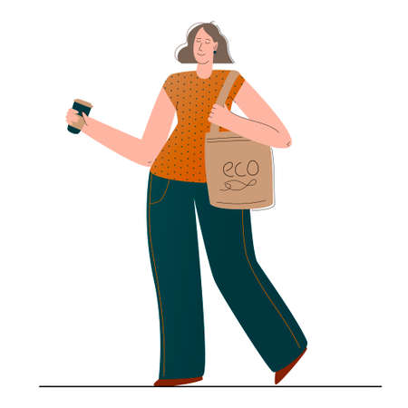 The environmentally friendly girl uses her reusable shopping bag and her reusable drink glass. Recycle and reuse things. Zero waste concept. Vector illustrationのイラスト素材