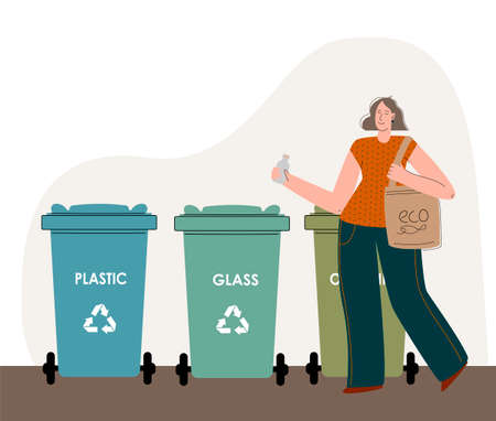 A girl who cares about the environment, sorts the trash and throws it into the trash can for recycling and reuse. A woman uses her reusable shopping bag and her drink glass. Plastic recycling.のイラスト素材