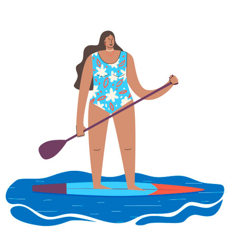 A young girl in a swimsuit on a stand-up board with an oar in her hands. Sub-board on water, waves, sea. Vector illustration of water sports. Isolated on a white background.のイラスト素材