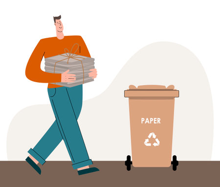 A person who cares about the environment, sorts the garbage and throws waste into the trash can for recycling and reuse. Recycling paper. Zero waste concept. A group of people sorting trash.のイラスト素材