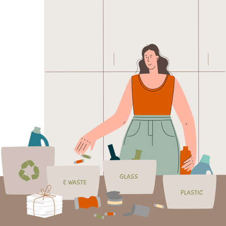 Young woman sorts garbage at home for recycling, separates plastic, glass electronics. puts garbage in separate dumpsters, waste management, green sustainable development. Vector illustrationのイラスト素材
