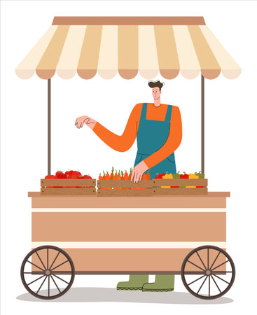 A local farmer sells vegetables in a tent. Organic food farm market Modern flat vector illustration isolated on white background. Ecological design of the market for the sale of agricultural products.のイラスト素材