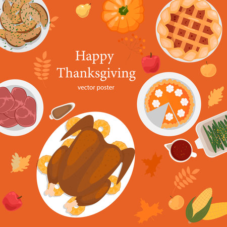 Happy Thanksgiving Day with traditional food, pumpkins and fruits. Turkey, pumpkin pie, potatoes. Happy Thanksgiving holiday vector design template for posters, banners, invitations and greeting cardのイラスト素材