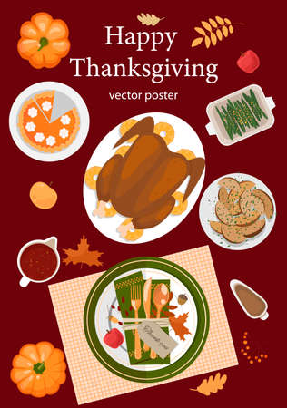 Happy Thanksgiving Day with traditional food, pumpkins and fruits. Turkey, pumpkin pie, potatoes. Happy Thanksgiving holiday vector design template for posters, banners, invitations and greeting cardのイラスト素材