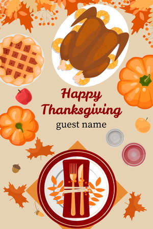 Happy Thanksgiving Day with traditional food, pumpkins and fruits. Turkey, pumpkin pie, potatoes. Happy Thanksgiving holiday vector design template for posters, banners, invitations and greeting cardのイラスト素材