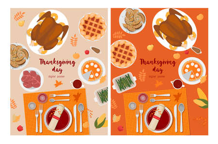 Happy Thanksgiving Day with traditional food, pumpkins and fruits. Turkey, pumpkin pie, potatoes. Happy Thanksgiving holiday vector design template for posters, banners, invitations and greeting cardのイラスト素材