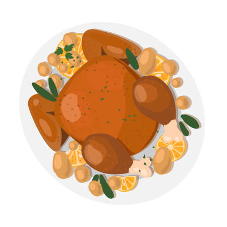 Thanksgiving turkey baked. Traditional food. Thanksgiving turkey with fruits and vegetables on a plate. Vector illustration on white background. Vector illustrationのイラスト素材
